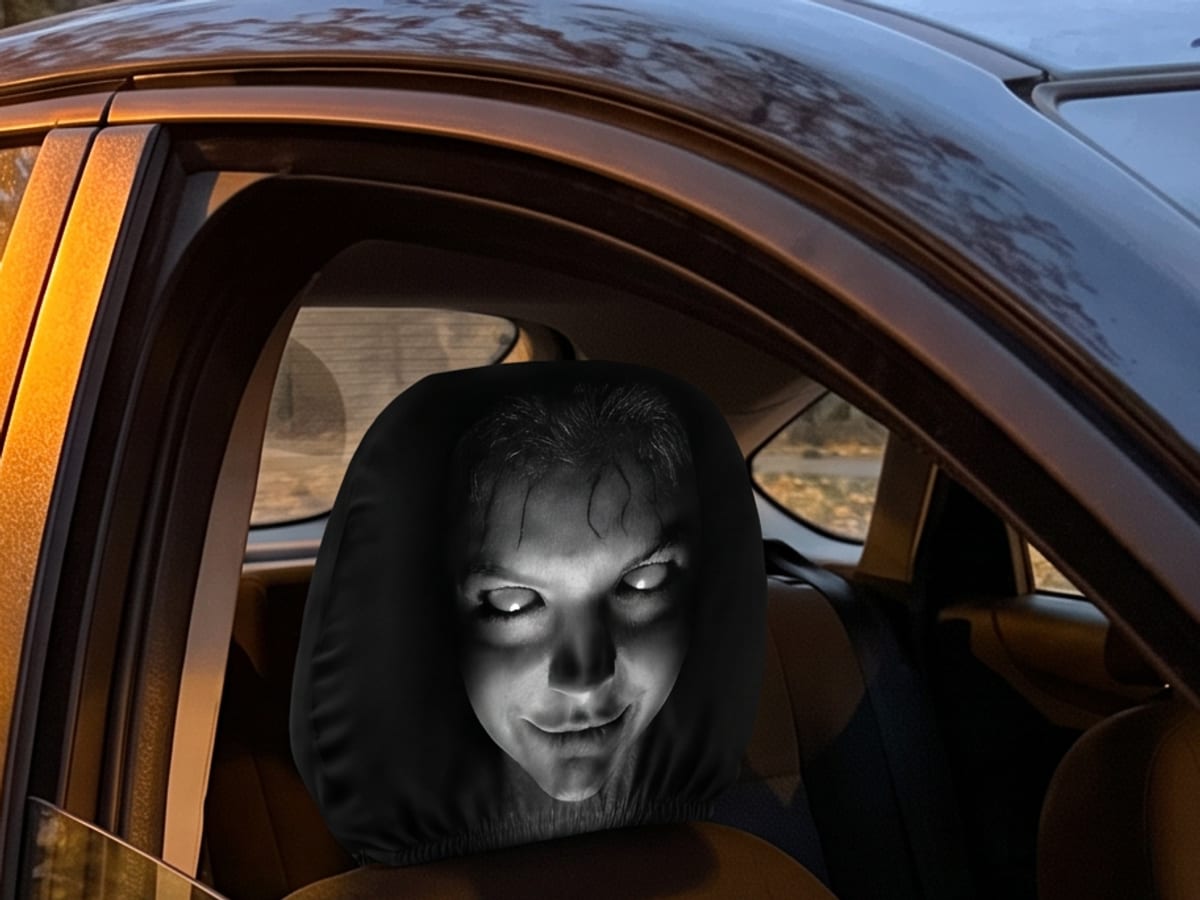 Pokrowiec Lumaween na zagłówku pasażera widoczny z ulicy w oknie auta